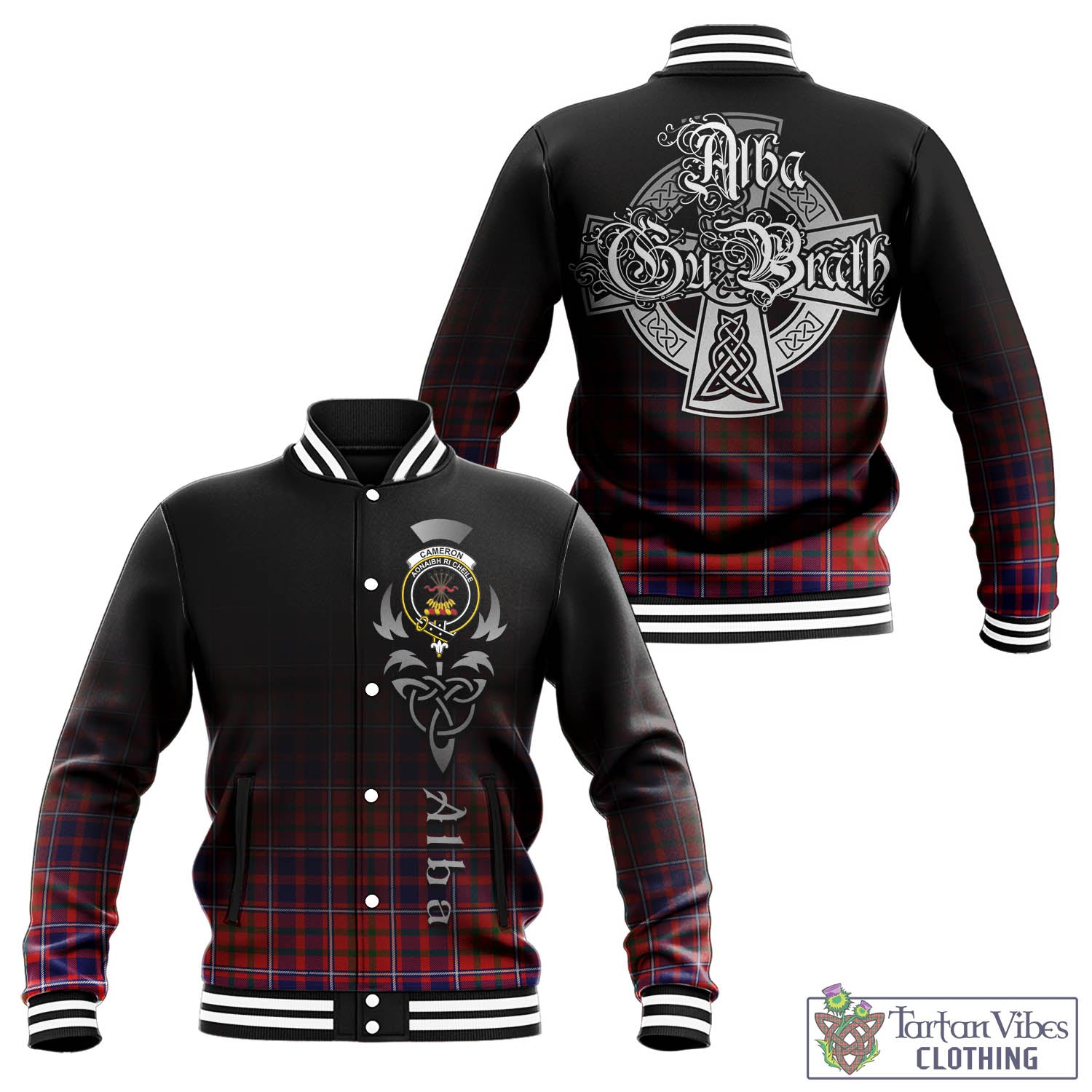 Tartan Vibes Clothing Cameron of Lochiel Modern Tartan Baseball Jacket Featuring Alba Gu Brath Family Crest Celtic Inspired