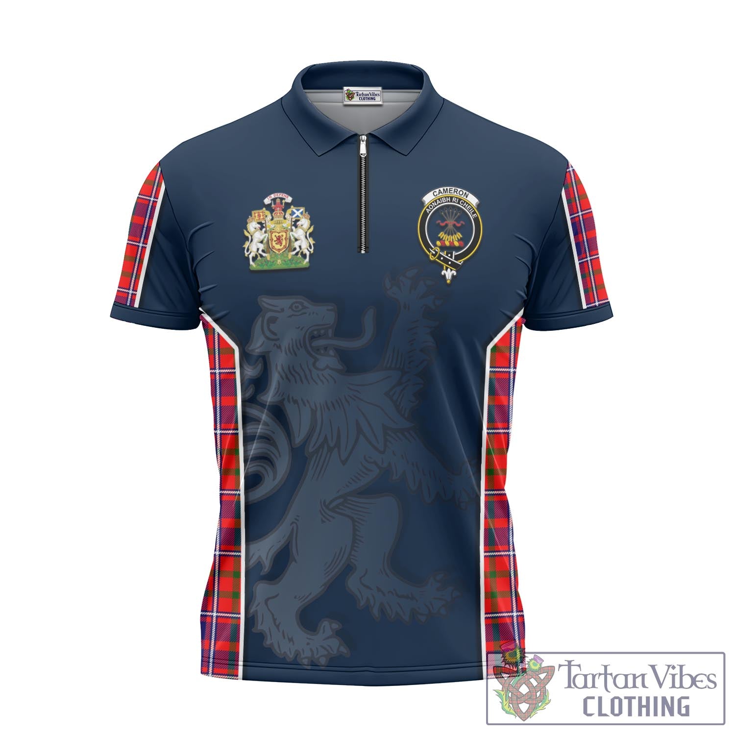 Tartan Vibes Clothing Cameron of Lochiel Modern Tartan Zipper Polo Shirt with Family Crest and Lion Rampant Vibes Sport Style