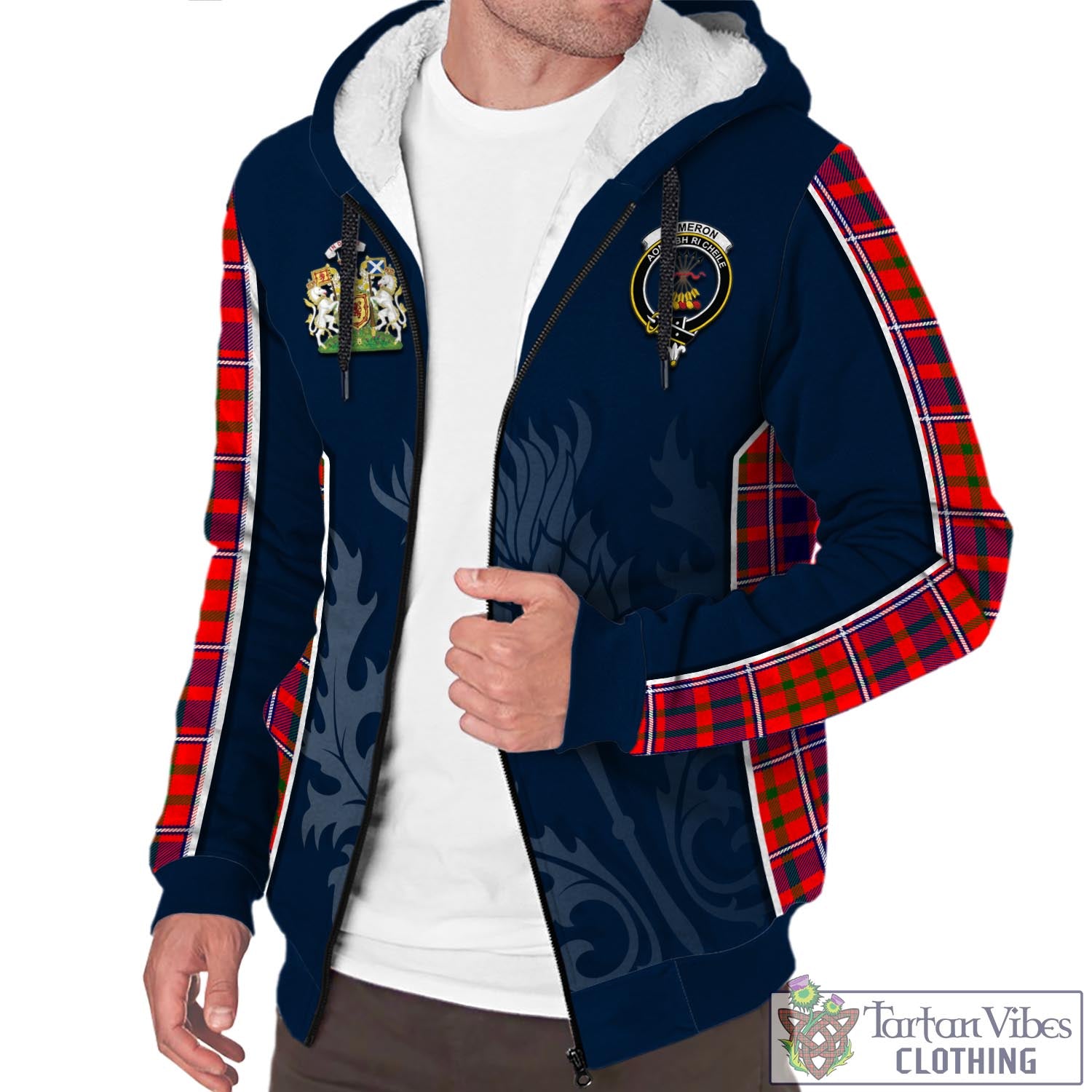 Tartan Vibes Clothing Cameron of Lochiel Modern Tartan Sherpa Hoodie with Family Crest and Scottish Thistle Vibes Sport Style