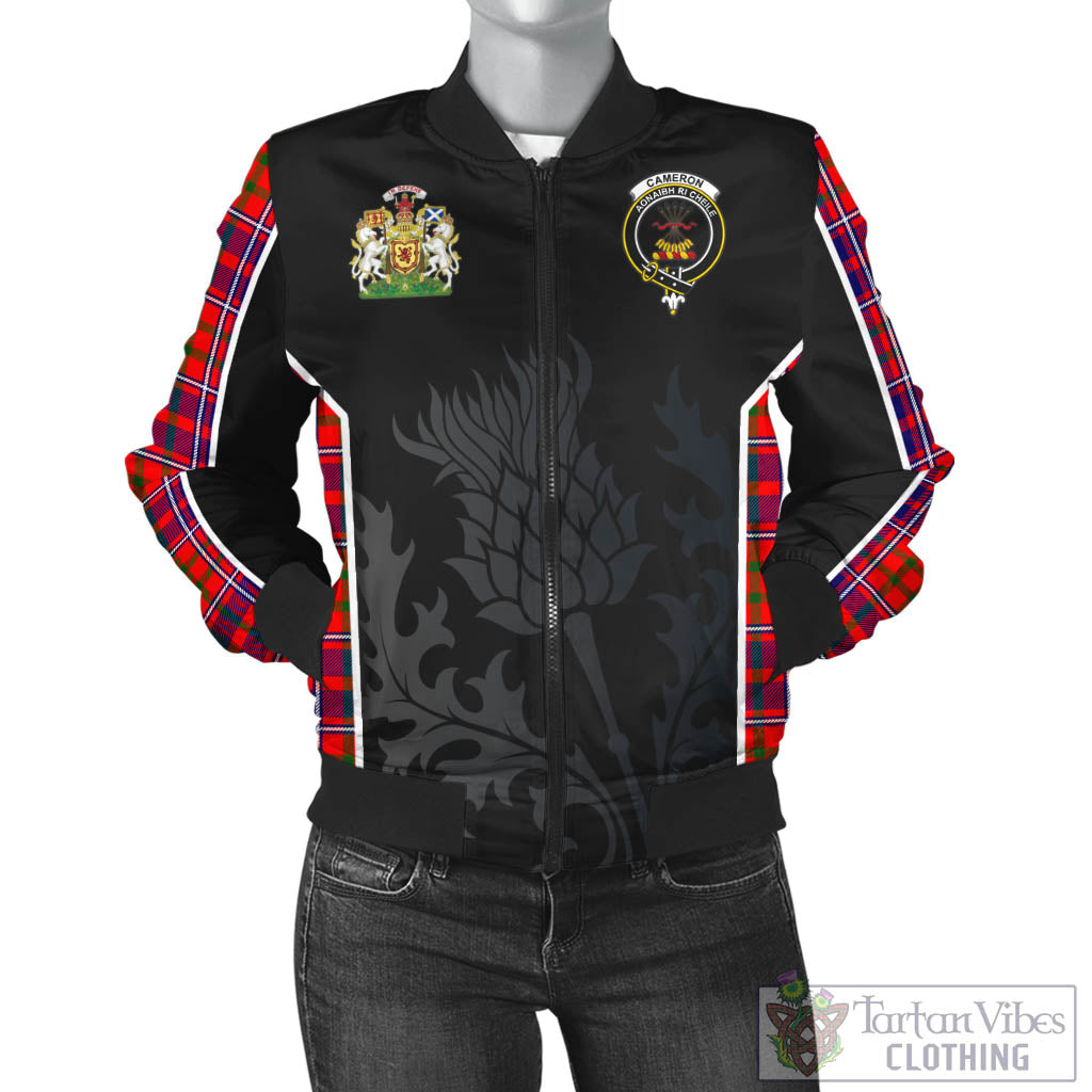 Tartan Vibes Clothing Cameron of Lochiel Modern Tartan Bomber Jacket with Family Crest and Scottish Thistle Vibes Sport Style