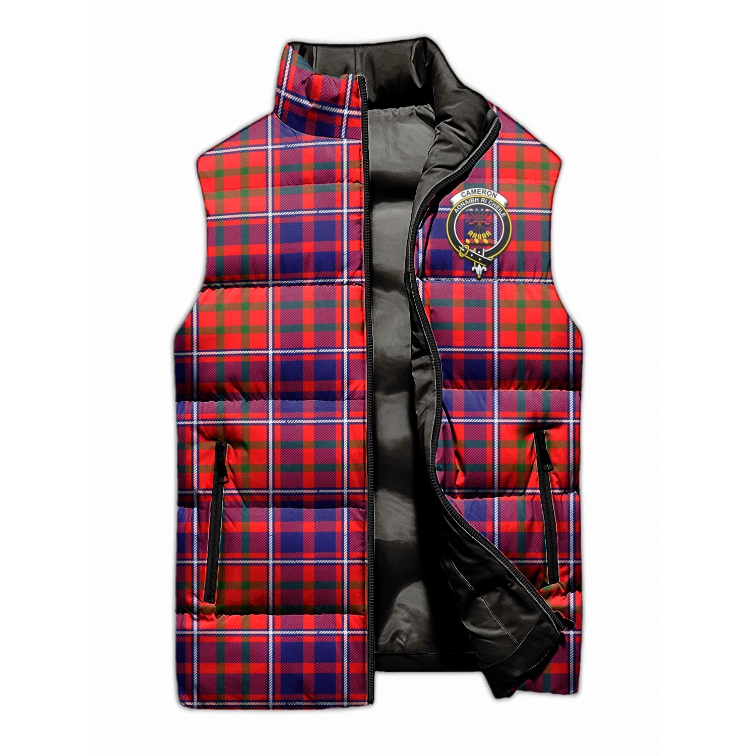 Cameron of Lochiel Modern Tartan Sleeveless Puffer Jacket with Family Crest - Tartanvibesclothing