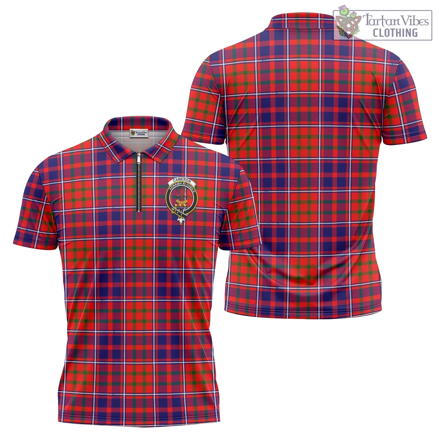 Tartan Vibes Clothing Cameron of Lochiel Modern Tartan Zipper Polo Shirt with Family Crest