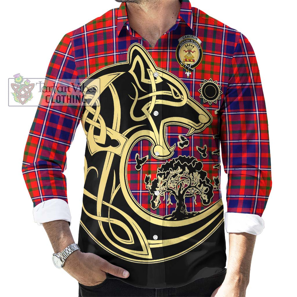 Cameron of Lochiel Modern Tartan Long Sleeve Button Shirt with Family Crest Celtic Wolf Style - Tartan Vibes Clothing