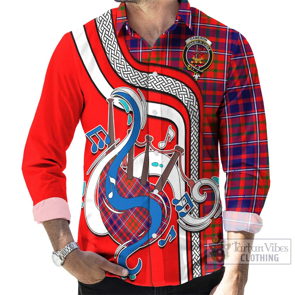 Cameron of Lochiel Modern Tartan Long Sleeve Button Shirt with Epic Bagpipe Style - Tartanvibesclothing Shop