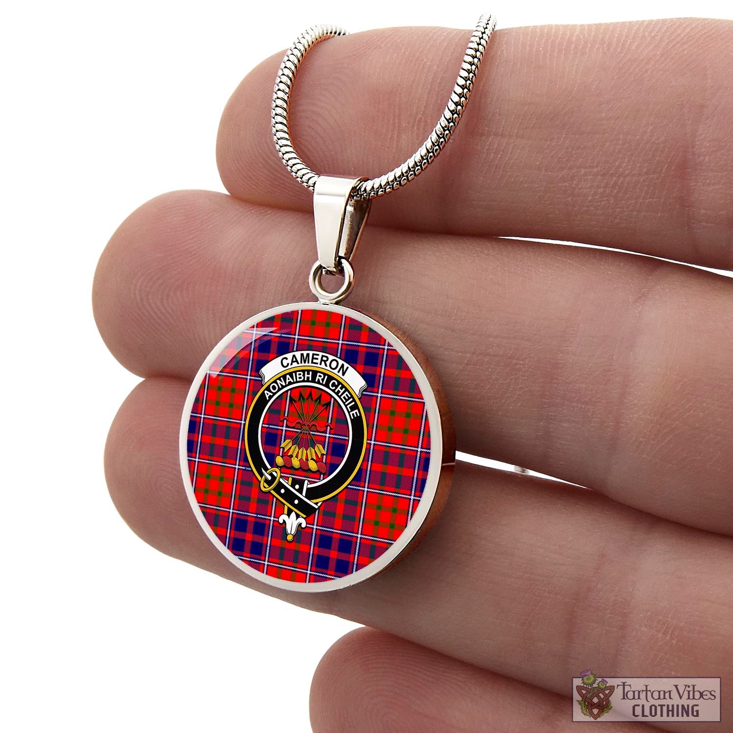 Tartan Vibes Clothing Cameron of Lochiel Modern Tartan Circle Necklace with Family Crest