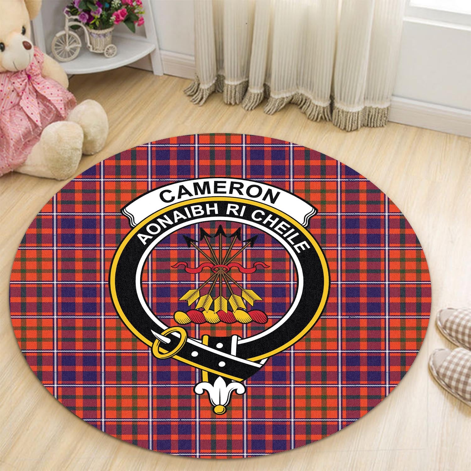 Cameron of Lochiel Modern Tartan Round Rug with Family Crest - Tartanvibesclothing