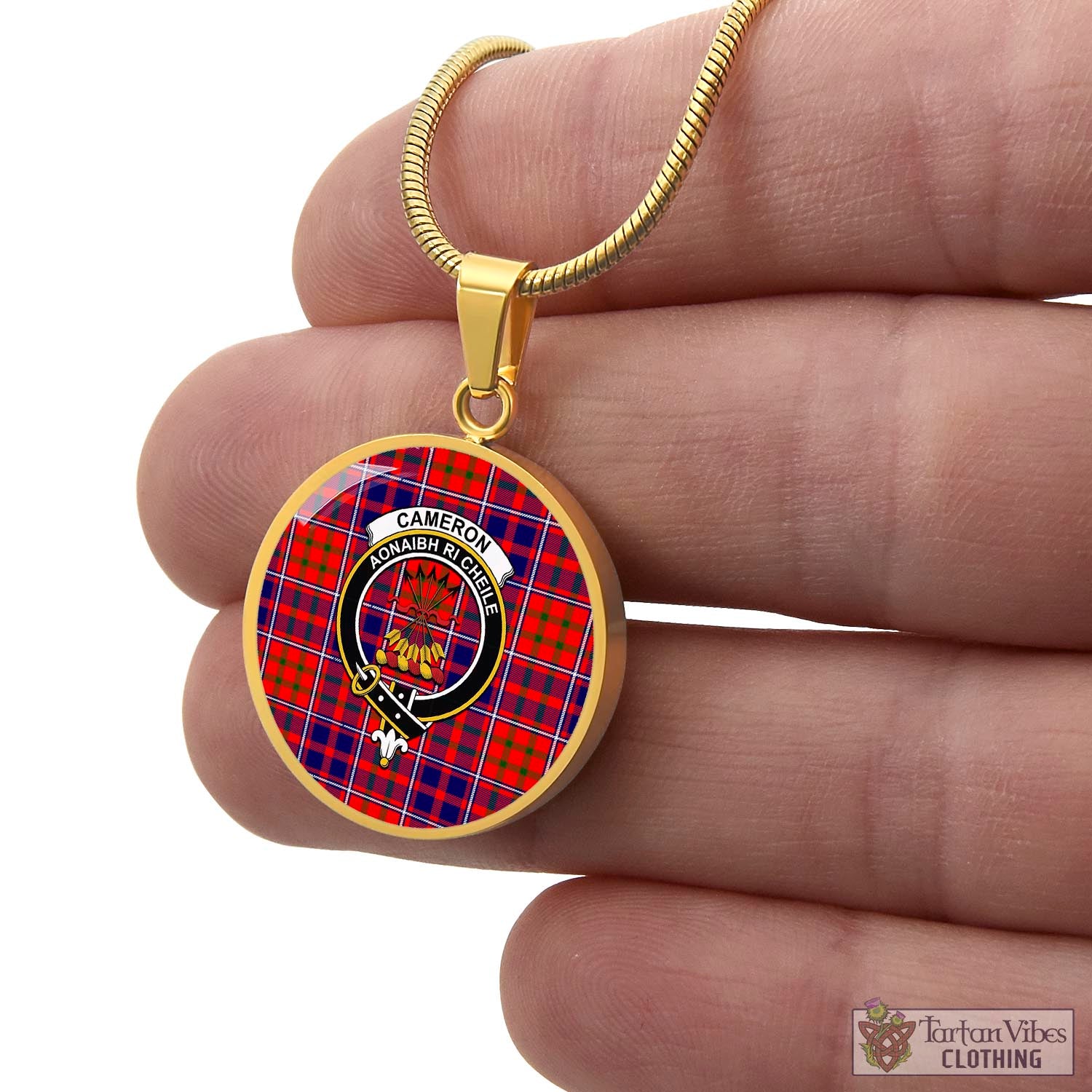 Tartan Vibes Clothing Cameron of Lochiel Modern Tartan Circle Necklace with Family Crest