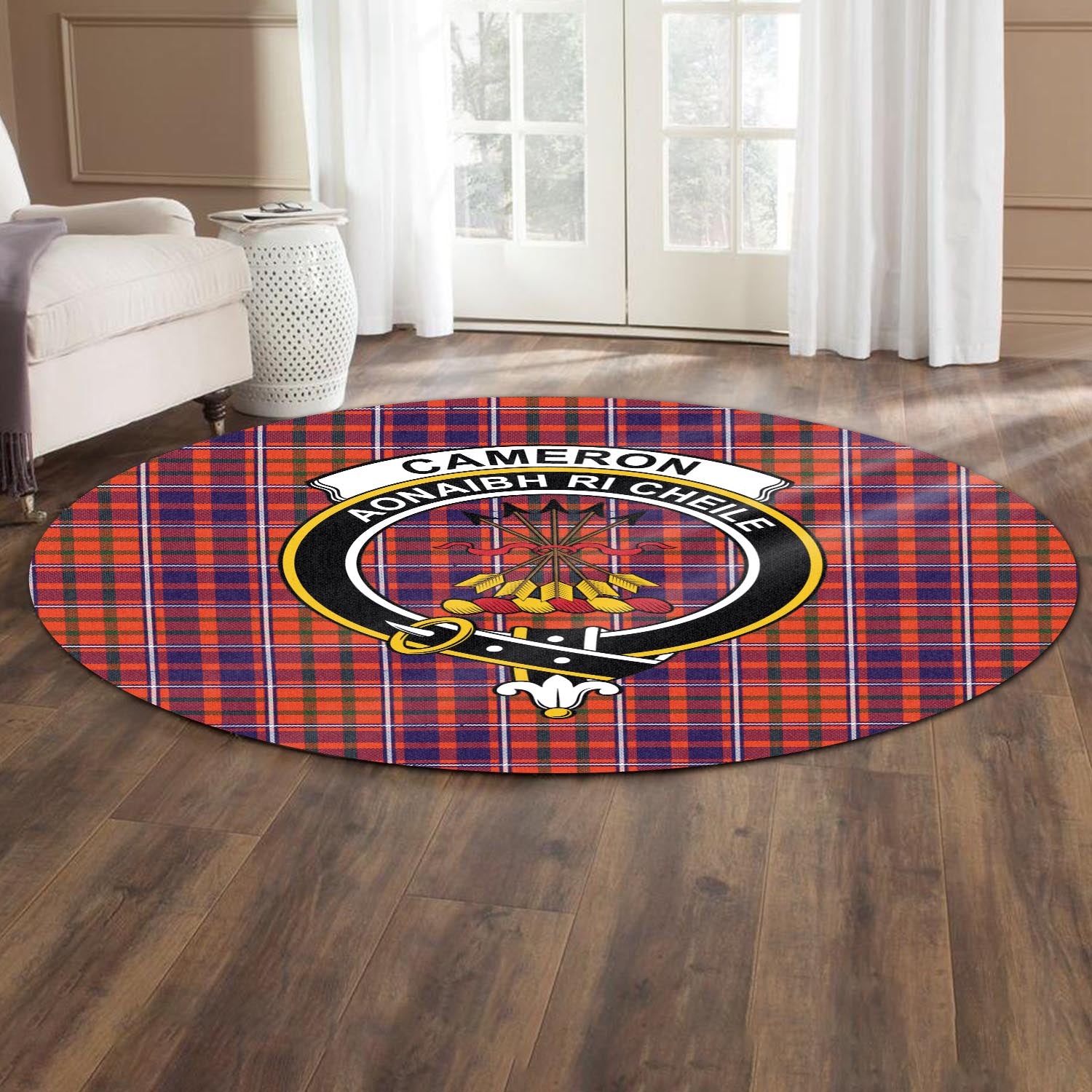 Cameron of Lochiel Modern Tartan Round Rug with Family Crest - Tartanvibesclothing