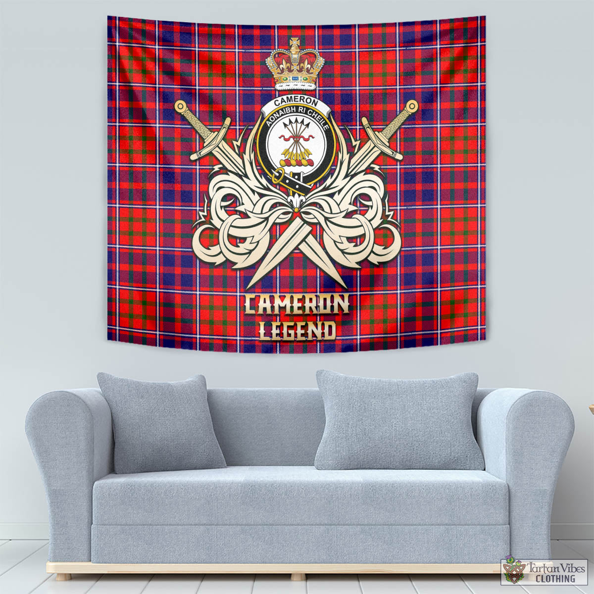 Tartan Vibes Clothing Cameron of Lochiel Modern Tartan Tapestry with Clan Crest and the Golden Sword of Courageous Legacy