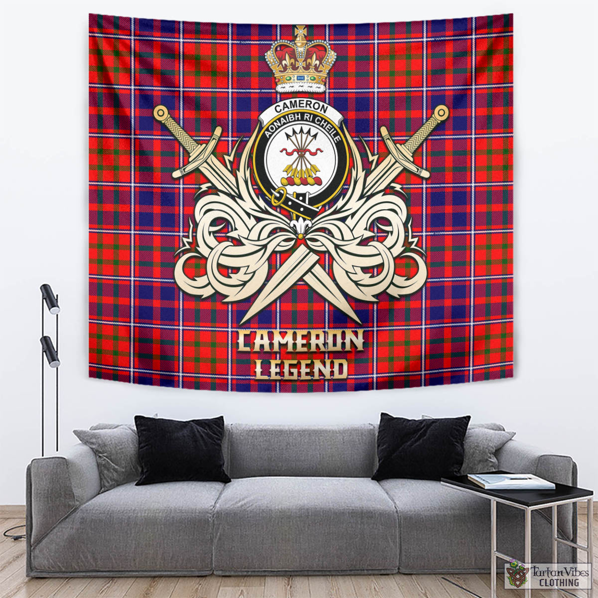 Tartan Vibes Clothing Cameron of Lochiel Modern Tartan Tapestry with Clan Crest and the Golden Sword of Courageous Legacy