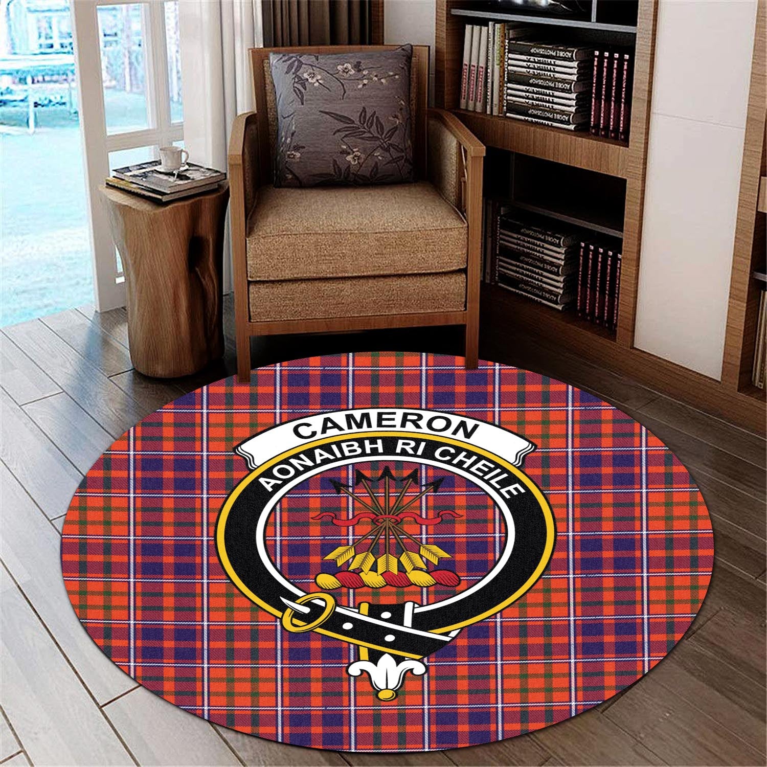 Cameron of Lochiel Modern Tartan Round Rug with Family Crest - Tartanvibesclothing