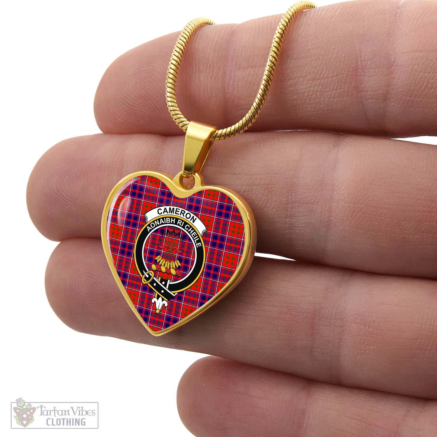 Tartan Vibes Clothing Cameron of Lochiel Modern Tartan Heart Necklace with Family Crest