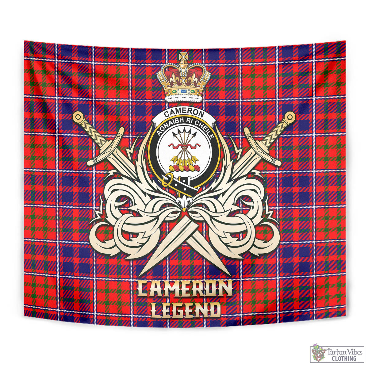 Tartan Vibes Clothing Cameron of Lochiel Modern Tartan Tapestry with Clan Crest and the Golden Sword of Courageous Legacy