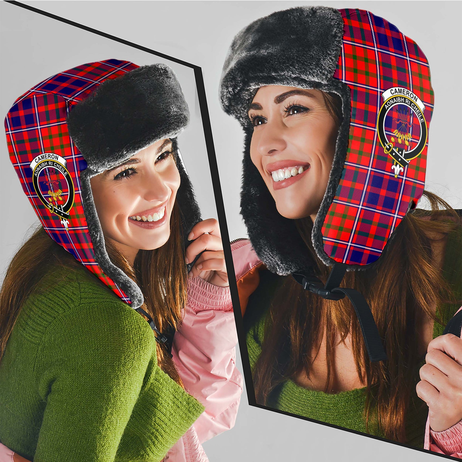 Cameron of Lochiel Modern Tartan Winter Trapper Hat with Family Crest - Tartanvibesclothing