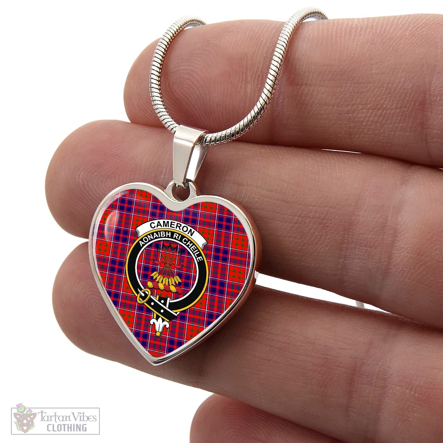 Tartan Vibes Clothing Cameron of Lochiel Modern Tartan Heart Necklace with Family Crest