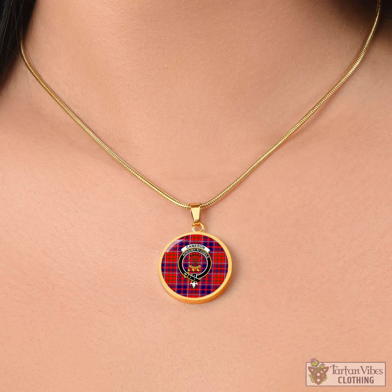 Tartan Vibes Clothing Cameron of Lochiel Modern Tartan Circle Necklace with Family Crest