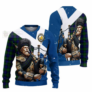 Campbell Tartan Knitted Sweater with Family Crest Scottish Bagpiper Vibes