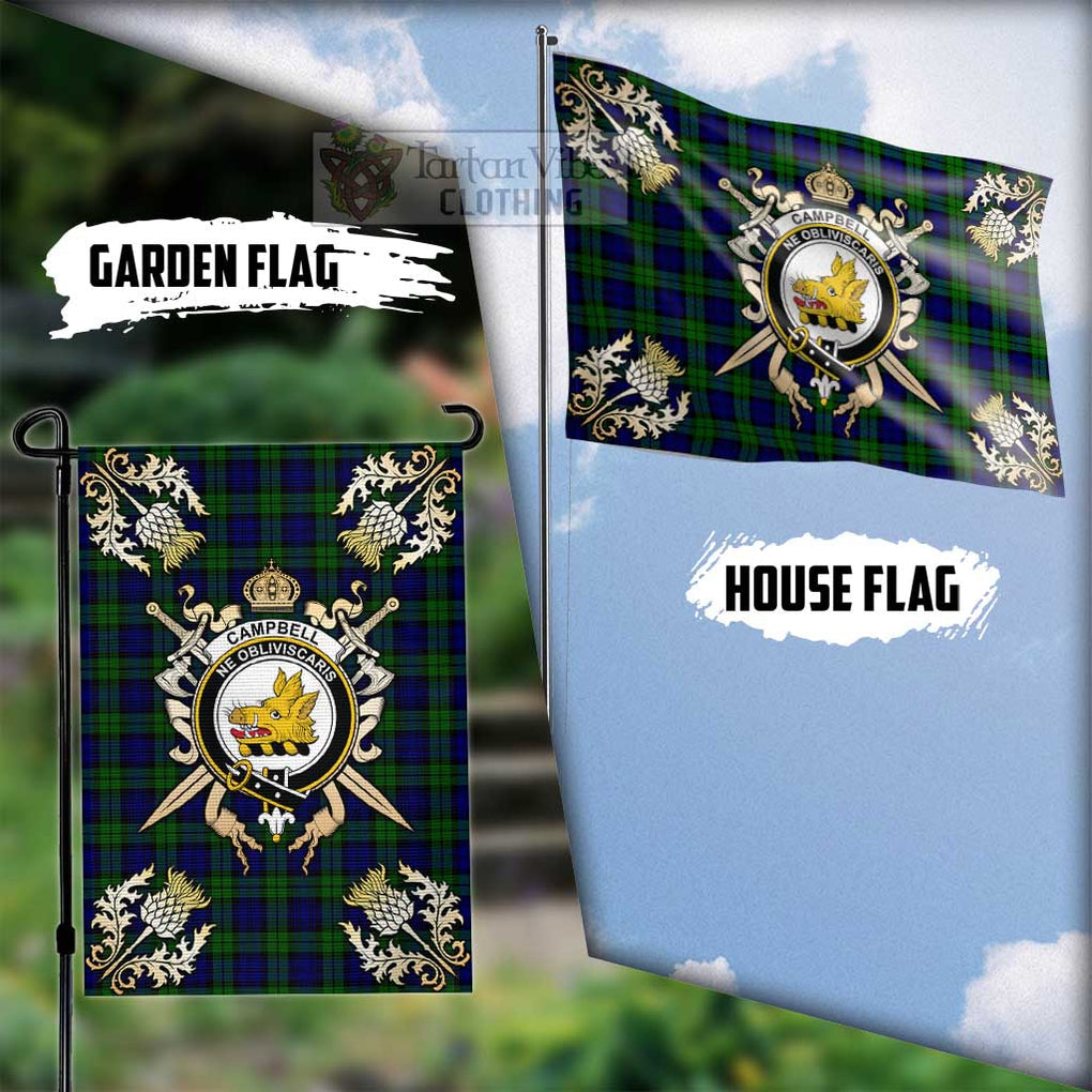 Tartan Vibes Clothing Campbell Tartan Flag with Family Crest and Golden Thistle Crossed Sword Design