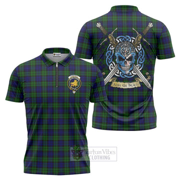 Campbell Tartan Zipper Polo Shirt with Family Crest Celtic Skull Style