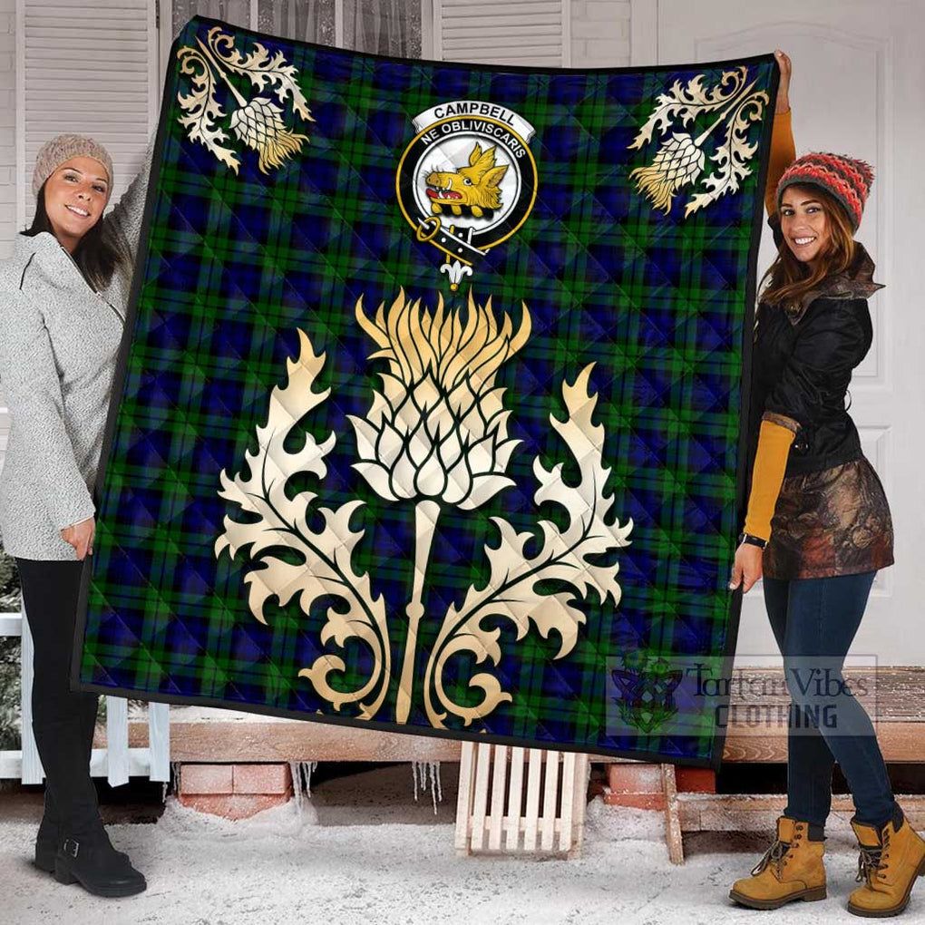 Tartan Vibes Clothing Campbell Tartan Quilt with Family Crest and Golden Thistle Style