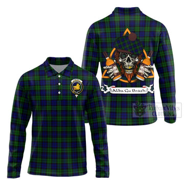 Campbell Tartan Long Sleeve Polo Shirt with Family Crest and Bearded Skull Holding Bottles of Whiskey