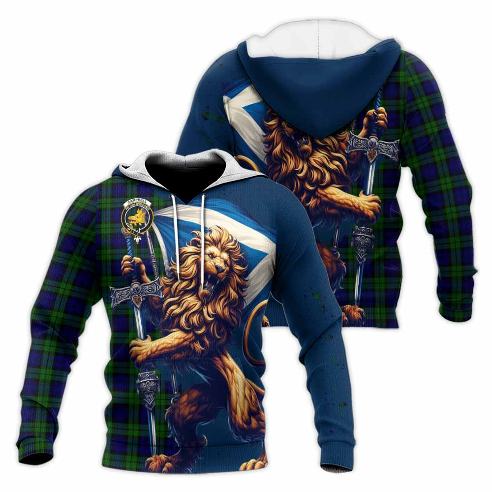 Tartan Vibes Clothing Campbell Tartan Family Crest Knitted Hoodie with Scottish Majestic Lion