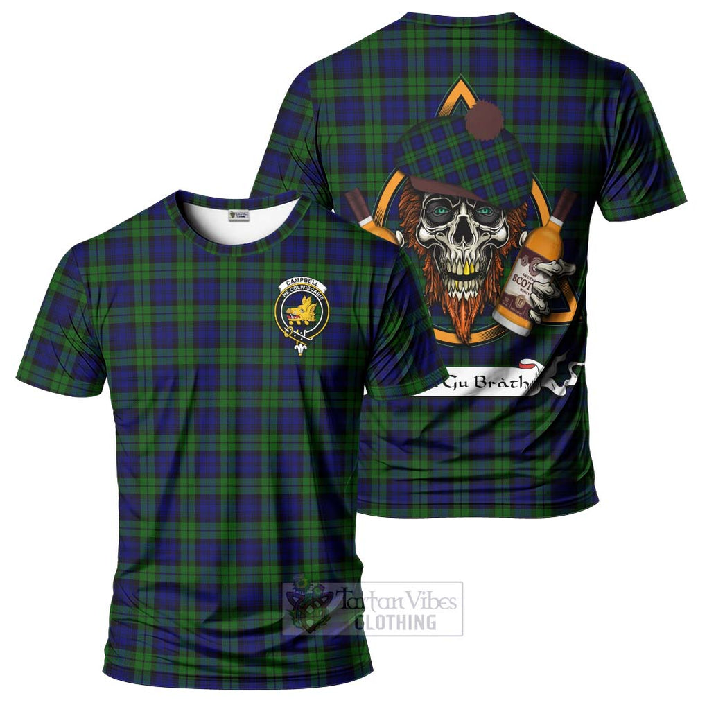 Tartan Vibes Clothing Campbell Tartan T-Shirt with Family Crest and Bearded Skull Holding Bottles of Whiskey