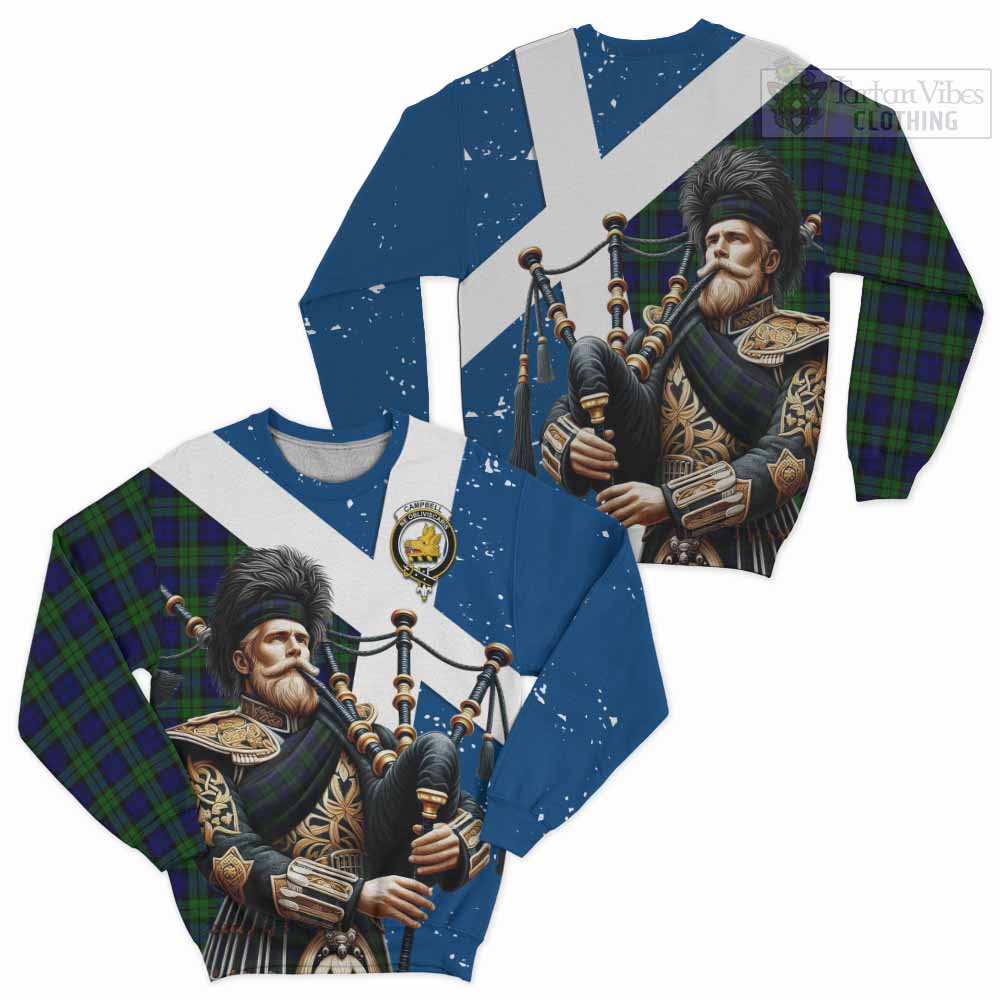 Tartan Vibes Clothing Campbell Tartan Sweatshirt with Family Crest Scottish Bagpiper Vibes