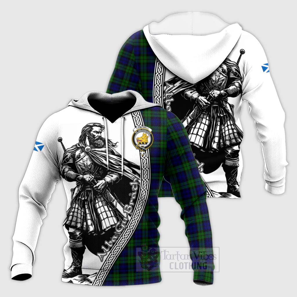 Tartan Vibes Clothing Campbell Tartan Clan Crest Knitted Hoodie with Highlander Warrior Celtic Style