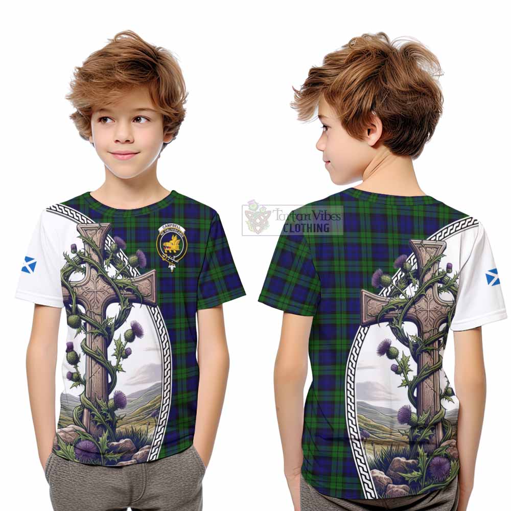 Tartan Vibes Clothing Campbell Tartan Kid T-Shirt with Family Crest and St. Andrew's Cross Accented by Thistle Vines