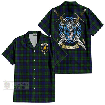 Campbell Tartan Short Sleeve Button Shirt with Family Crest Celtic Skull Style