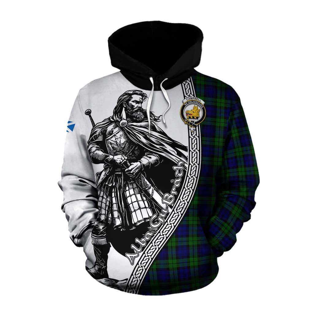 Tartan Vibes Clothing Campbell Tartan Clan Crest Cotton Hoodie with Highlander Warrior Celtic Style