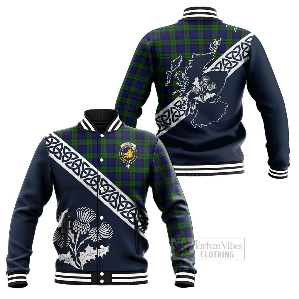 Tartan Vibes Clothing Campbell Tartan Baseball Jacket Featuring Thistle and Scotland Map