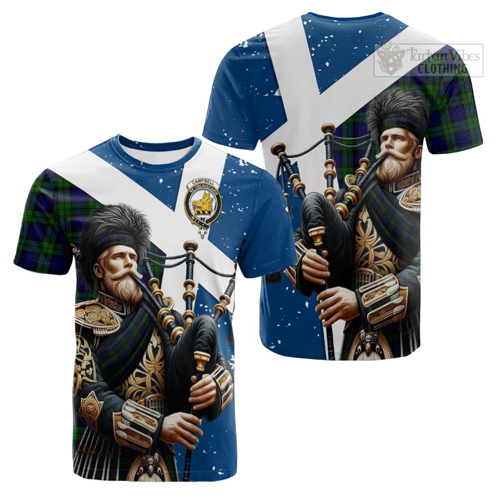 Tartan Vibes Clothing Campbell Tartan Cotton T-shirt with Family Crest Scottish Bagpiper Vibes