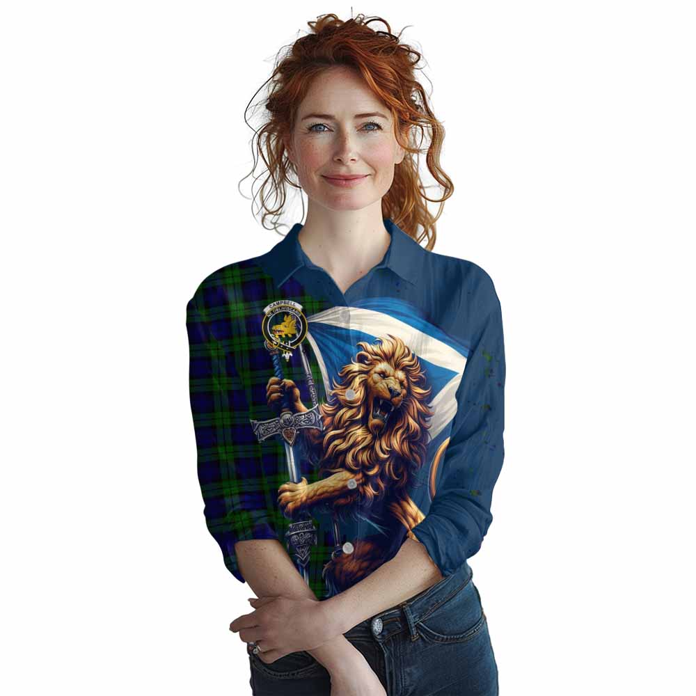 Tartan Vibes Clothing Campbell Tartan Family Crest Women's Casual Shirt with Scottish Majestic Lion