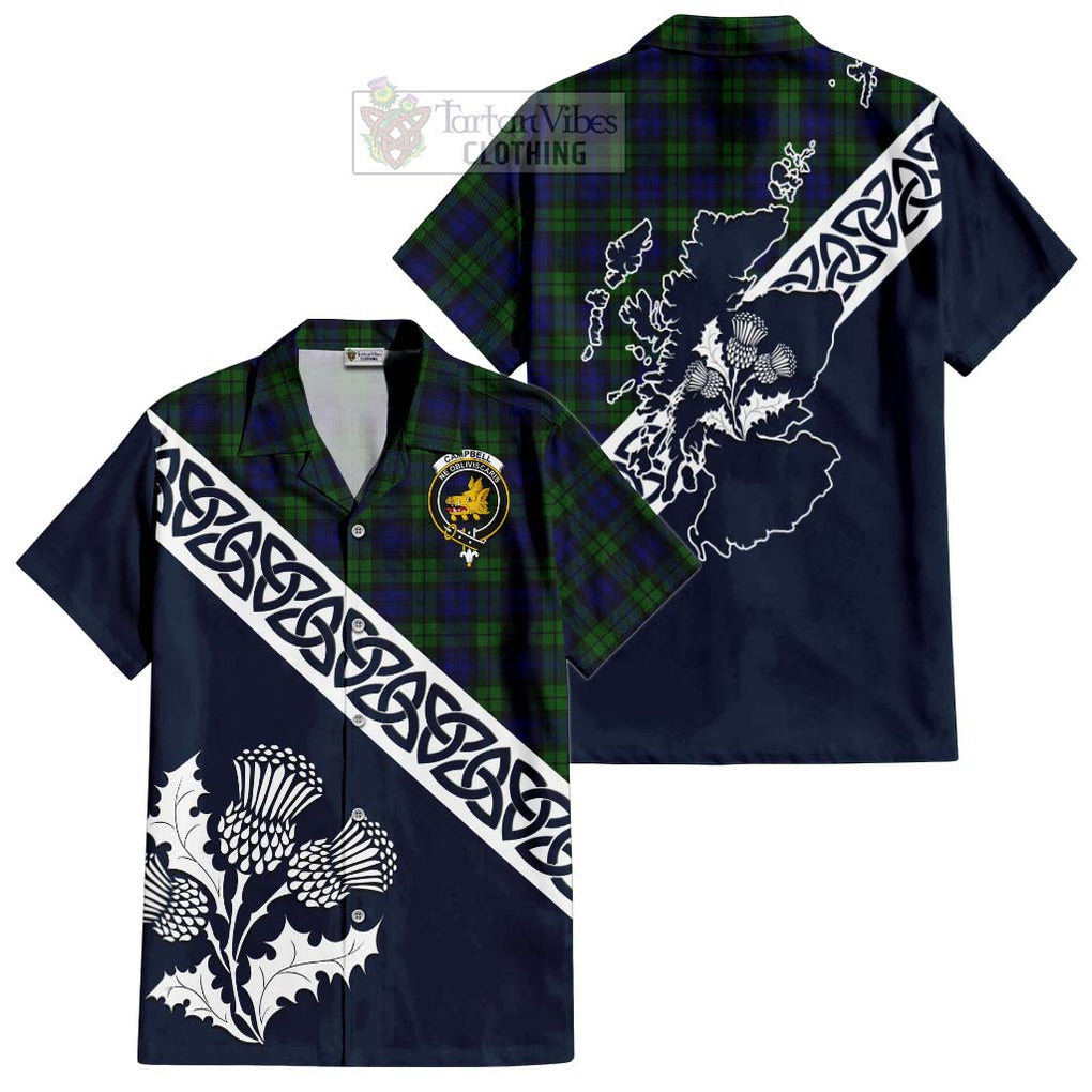 Tartan Vibes Clothing Campbell Tartan Short Sleeve Button Shirt Featuring Thistle and Scotland Map