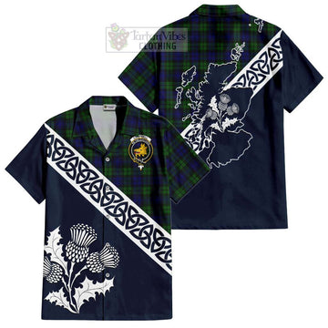 Campbell Tartan Short Sleeve Button Shirt Featuring Thistle and Scotland Map