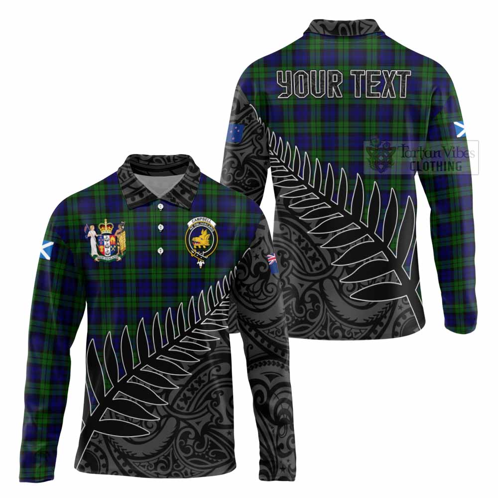 Tartan Vibes Clothing Campbell Crest Tartan Long Sleeve Polo Shirt with New Zealand Silver Fern Half Style