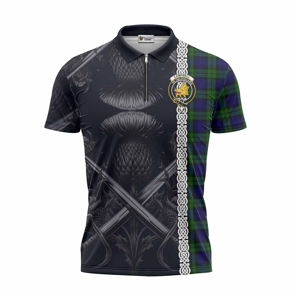 Tartan Vibes Clothing Campbell Tartan Zipper Polo Shirt with Family Crest Cross Sword Thistle Celtic Vibes