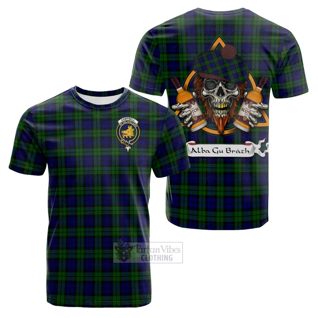 Tartan Vibes Clothing Campbell Tartan Cotton T-shirt with Family Crest and Bearded Skull Holding Bottles of Whiskey