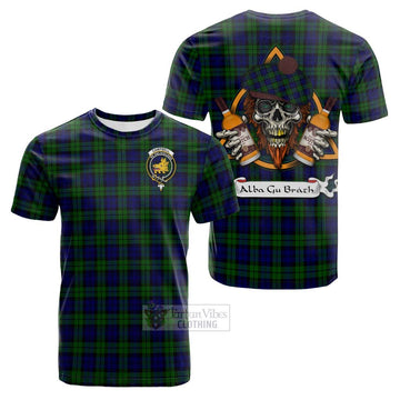 Campbell Tartan Cotton T-shirt with Family Crest and Bearded Skull Holding Bottles of Whiskey