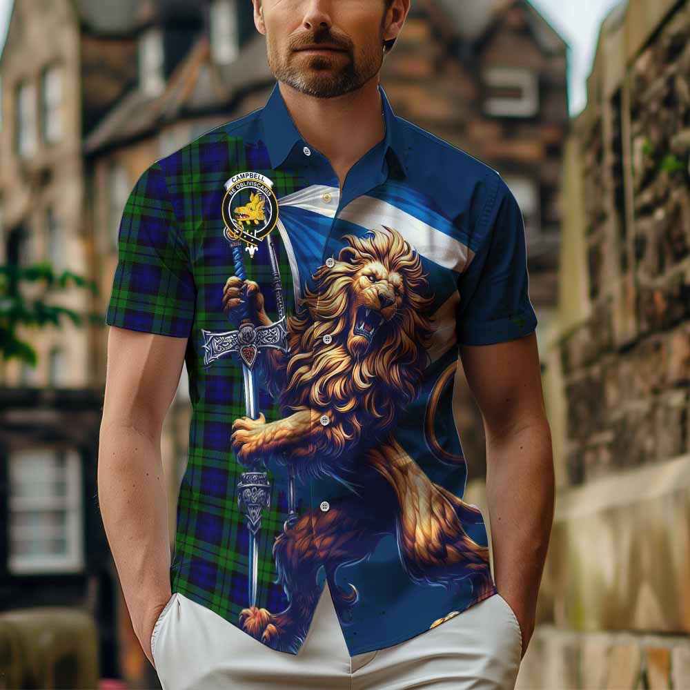 Tartan Vibes Clothing Campbell Tartan Family Crest Short Sleeve Button Shirt with Scottish Majestic Lion