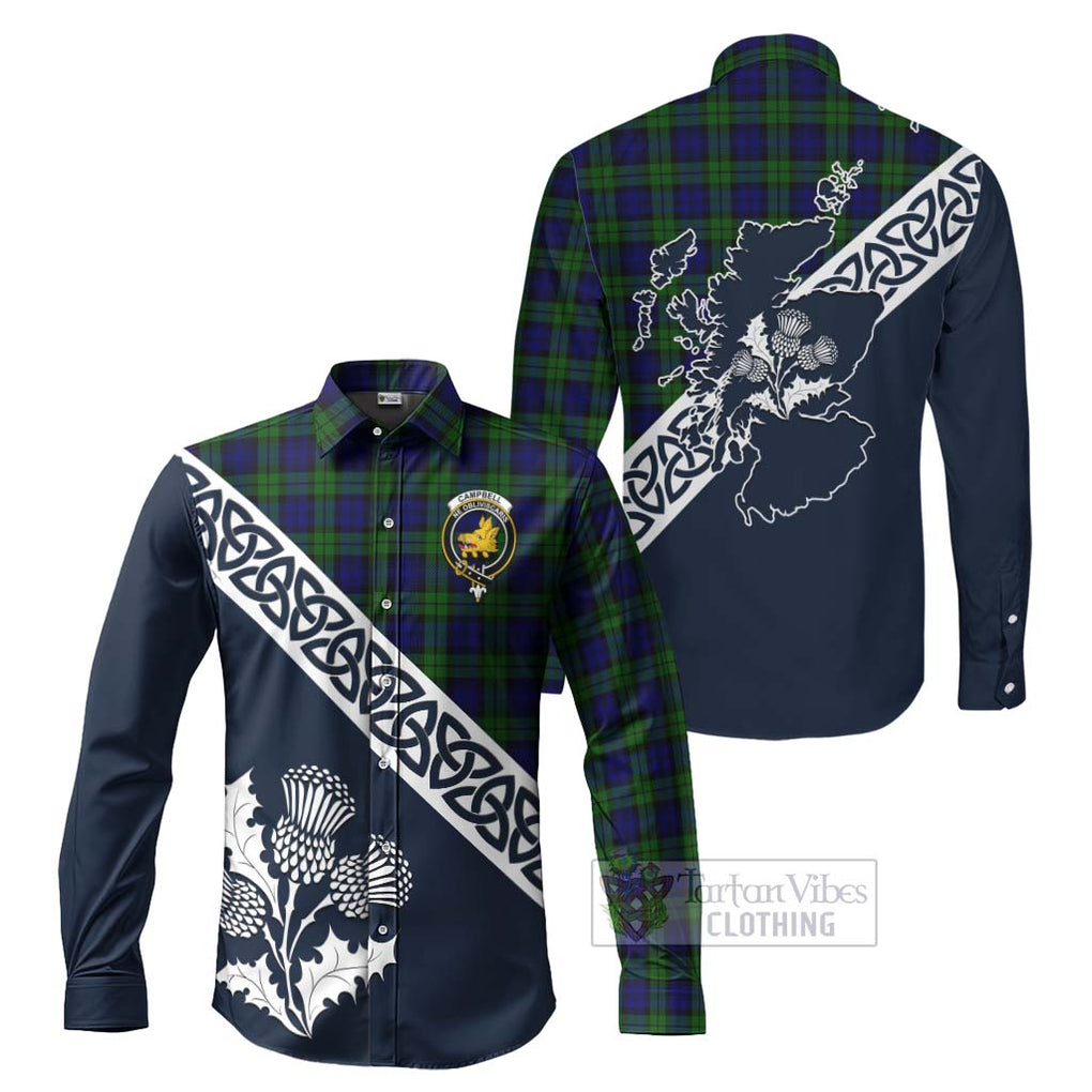 Tartan Vibes Clothing Campbell Tartan Long Sleeve Button Shirt Featuring Thistle and Scotland Map