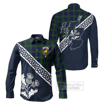 Campbell Tartan Long Sleeve Button Shirt Featuring Thistle and Scotland Map