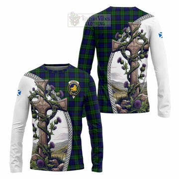 Campbell Tartan Long Sleeve T-Shirt with Family Crest and St. Andrew's Cross Accented by Thistle Vines