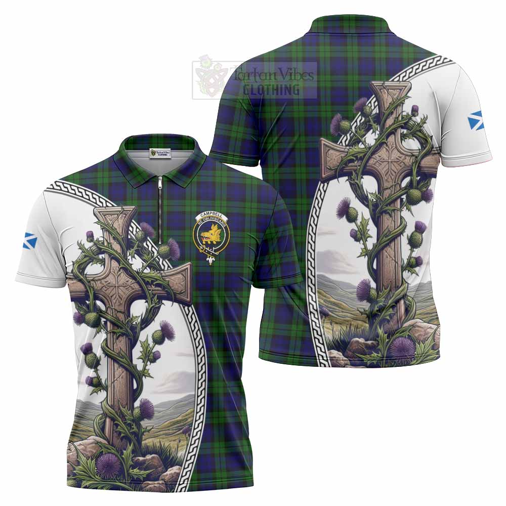 Tartan Vibes Clothing Campbell Tartan Zipper Polo Shirt with Family Crest and St. Andrew's Cross Accented by Thistle Vines