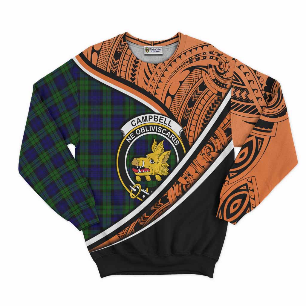 Tartan Vibes Clothing Campbell Crest Tartan Sweatshirt with Maori Tattoo Style - Orange Version