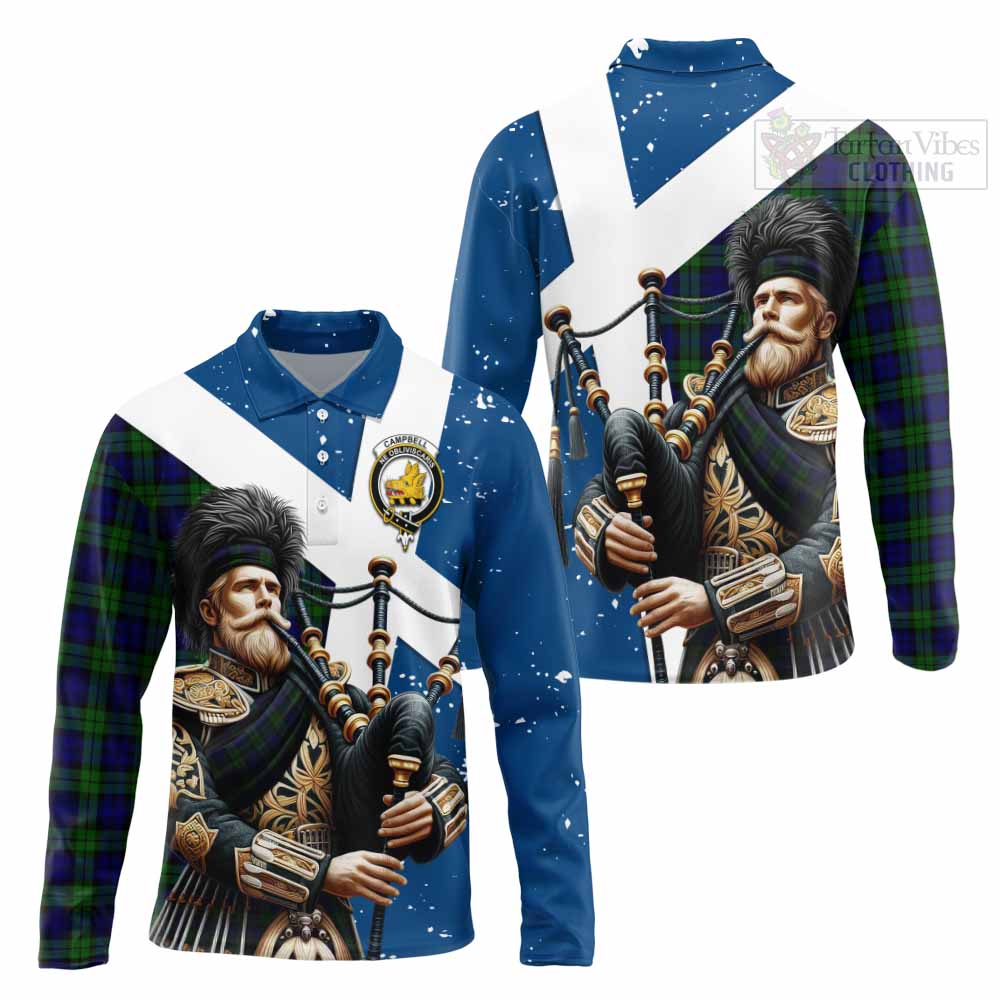 Tartan Vibes Clothing Campbell Tartan Long Sleeve Polo Shirt with Family Crest Scottish Bagpiper Vibes