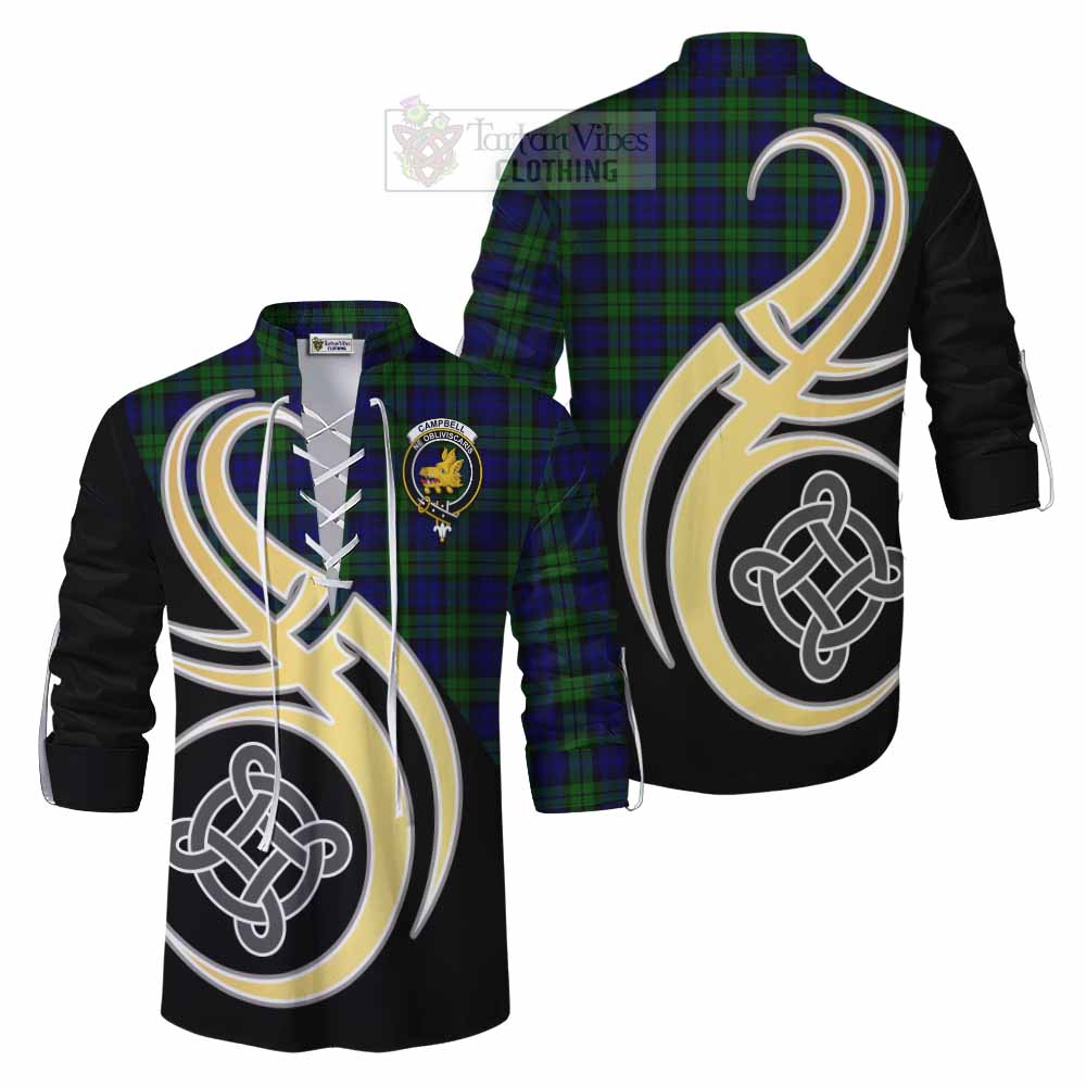 Tartan Vibes Clothing Campbell Tartan Ghillie Kilt Shirt with Family Crest and Celtic Symbol Style