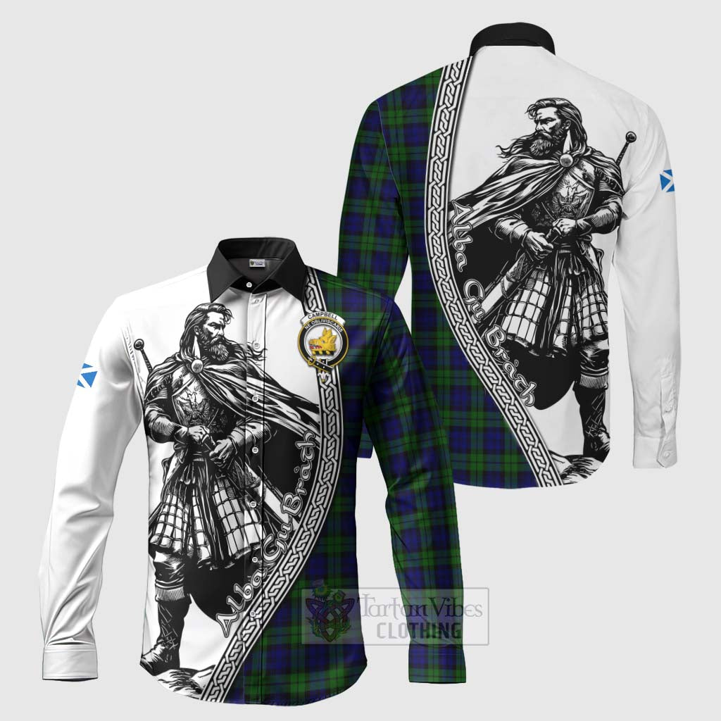 Tartan Vibes Clothing Campbell Tartan Clan Crest Long Sleeve Button Shirt with Highlander Warrior Celtic Style